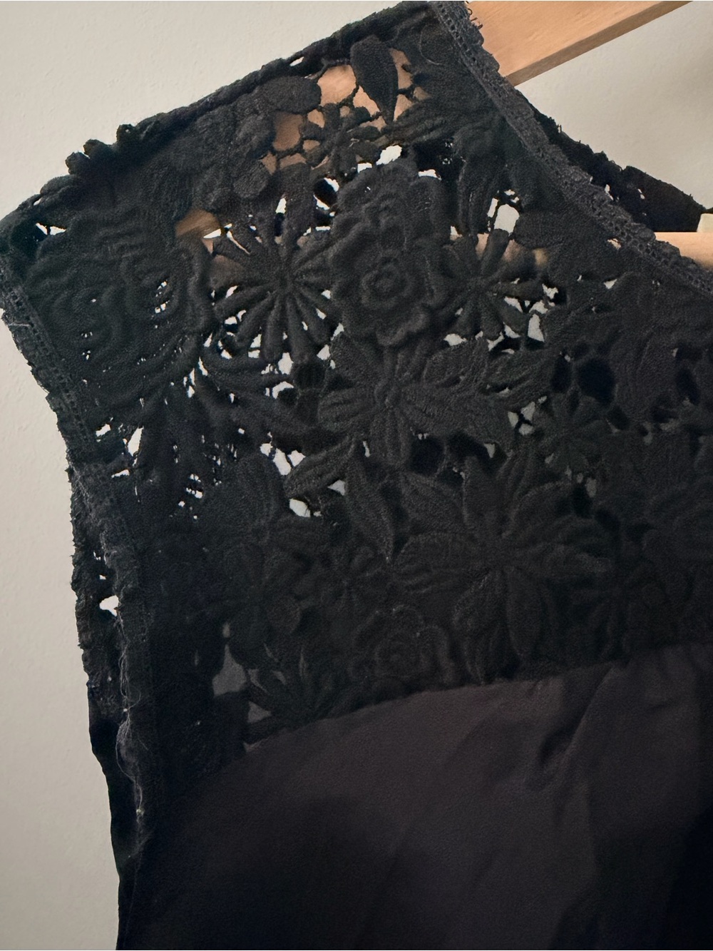 Black Silk Top with Cotton Floral Lace Yoke